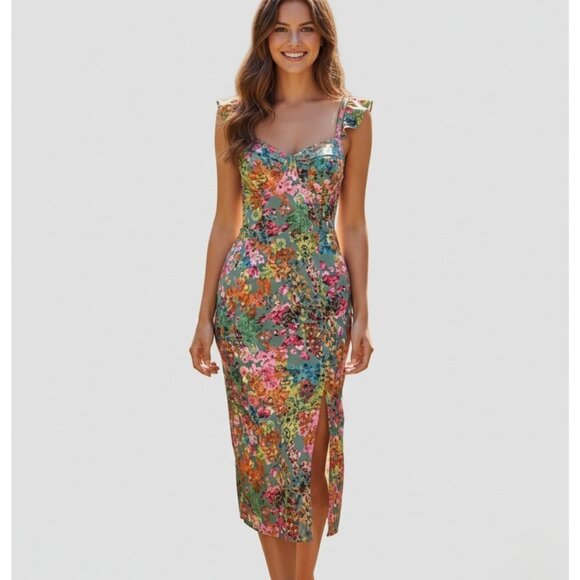 Floral Print A-Line Split Midi Dress - Picture 1 of 8